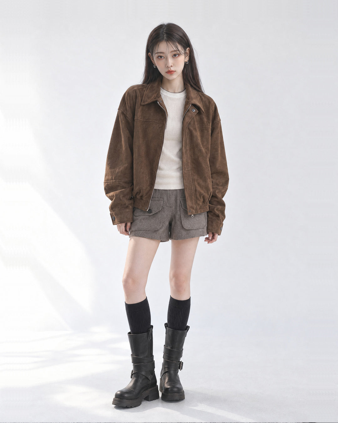 (UNISEX) Ar Paneled Suede Crop Jacket