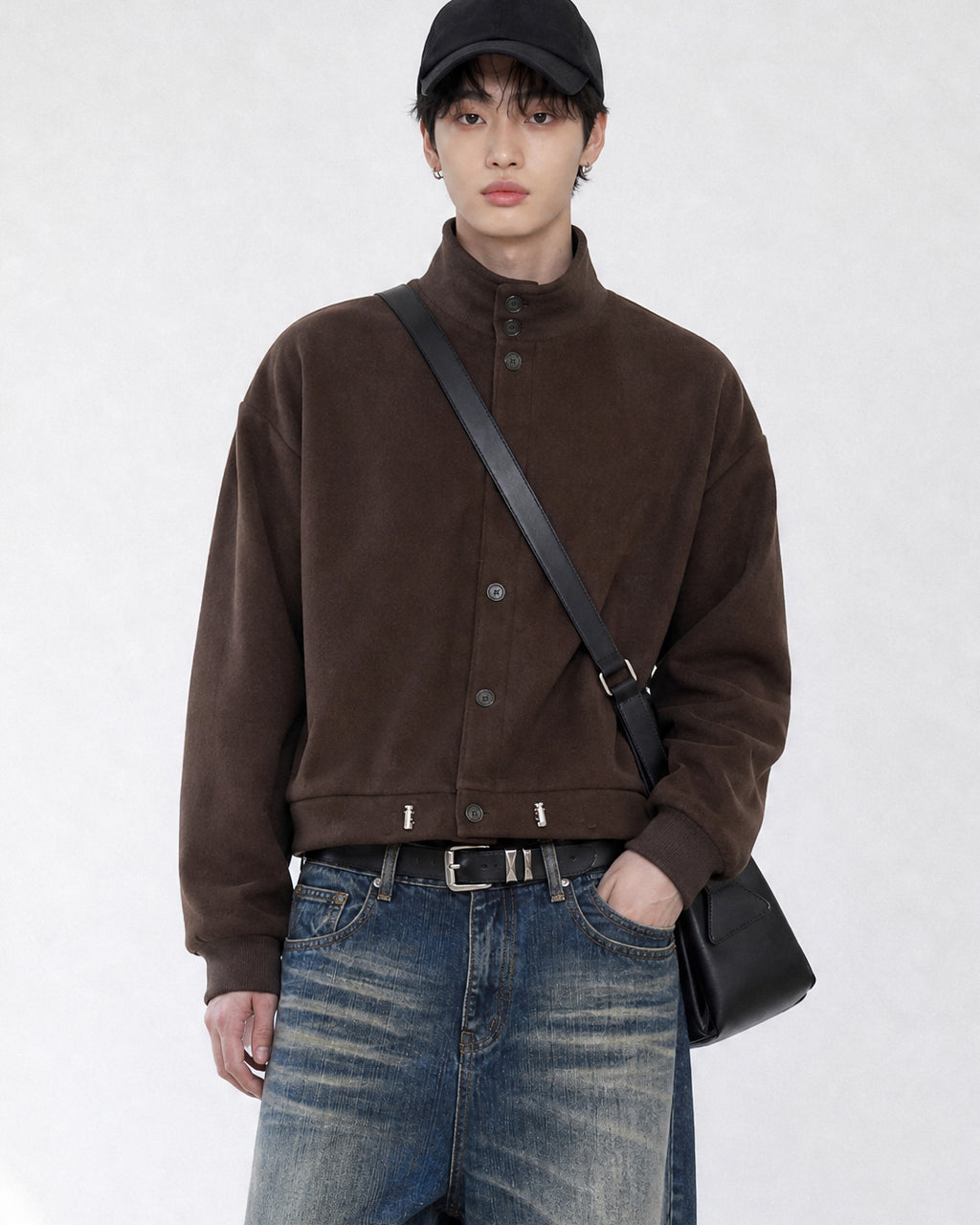 (UNISEX) Suede-Touch High Neck Cardigan