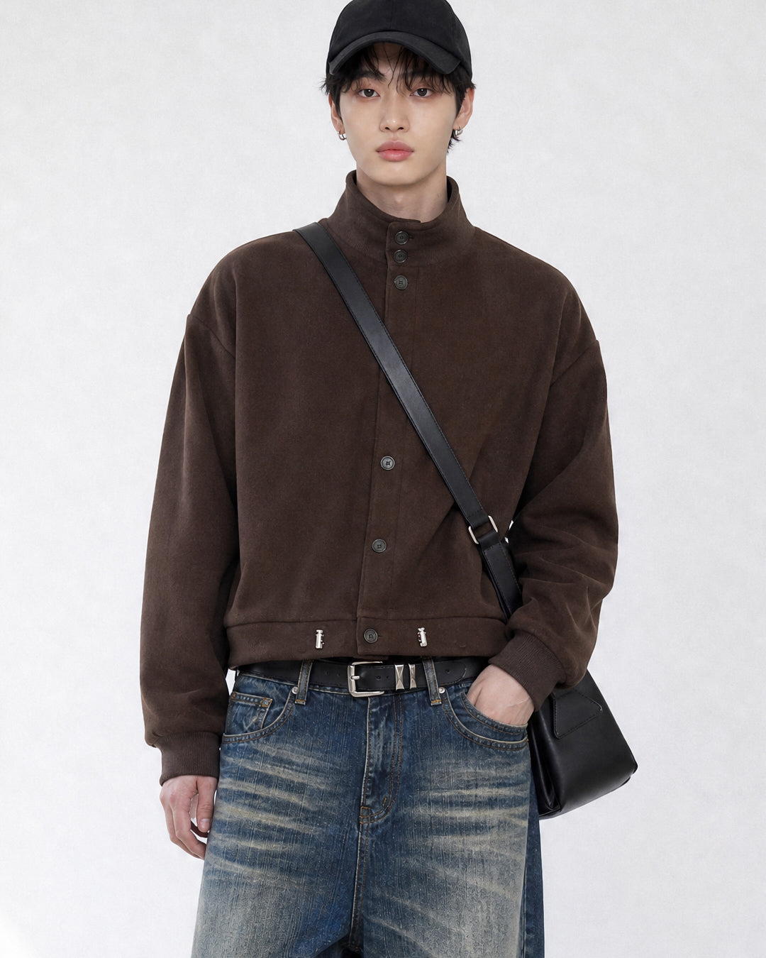(UNISEX) Suede-Touch High Neck Cardigan