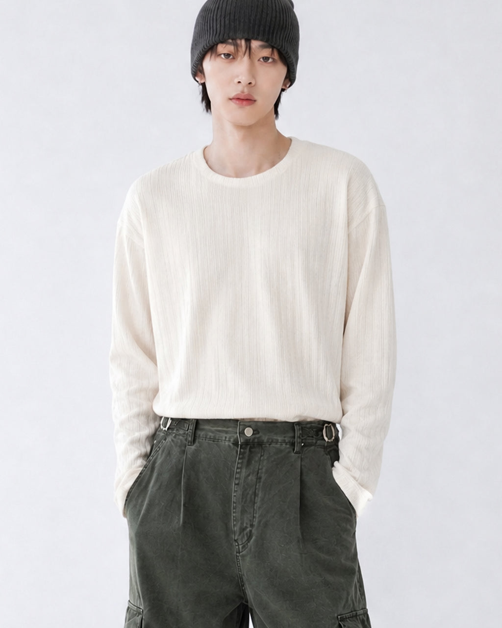 (UNISEX) Velour Ribbed Round Long Sleeve