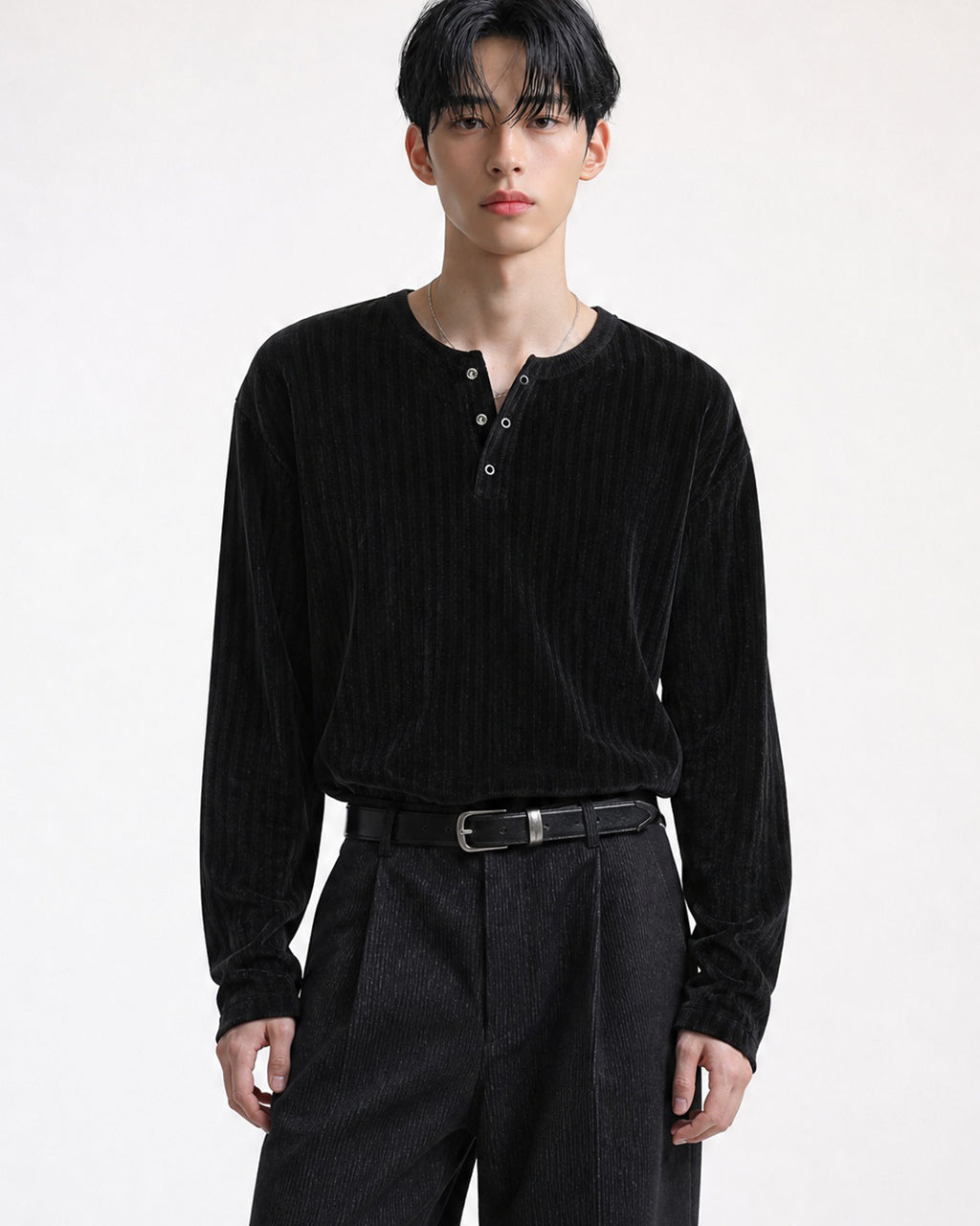 (M's) Velour Henley Neck Long Sleeve