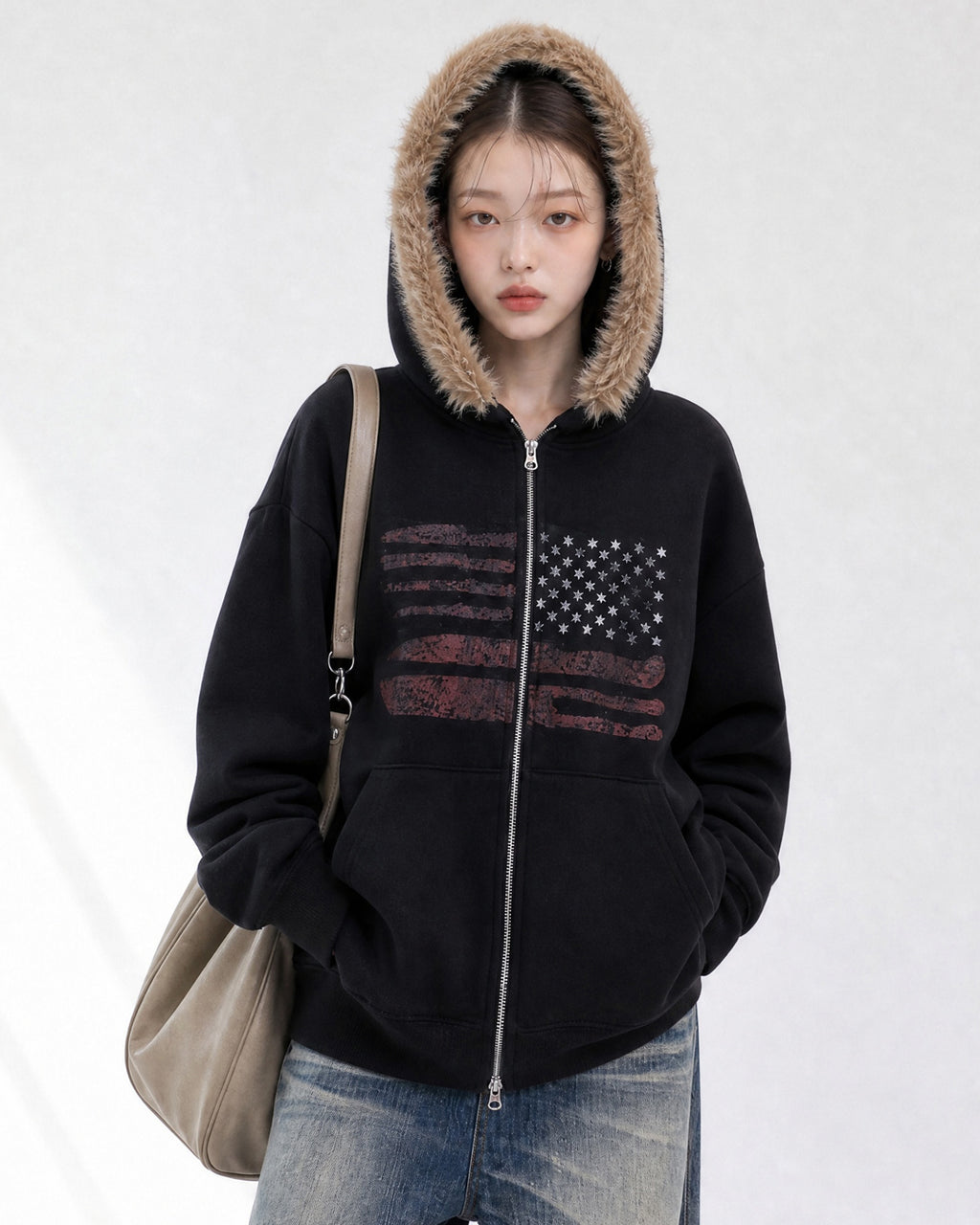 (UNISEX) USA Flag Fur Hood Zip-up