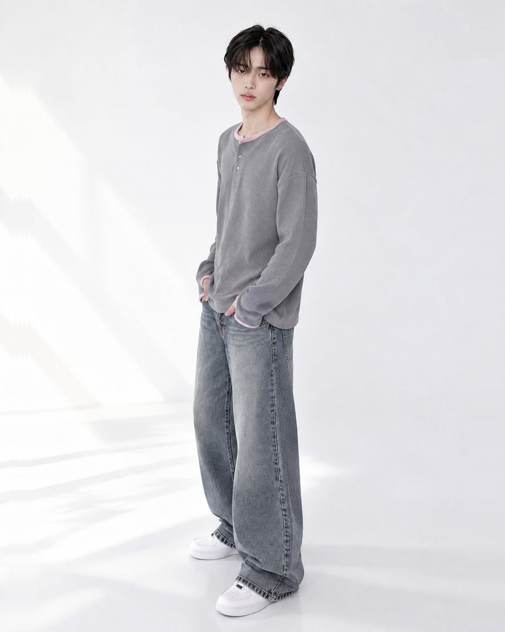 (UNISEX) Henley Neck Waffle Warmer Tee