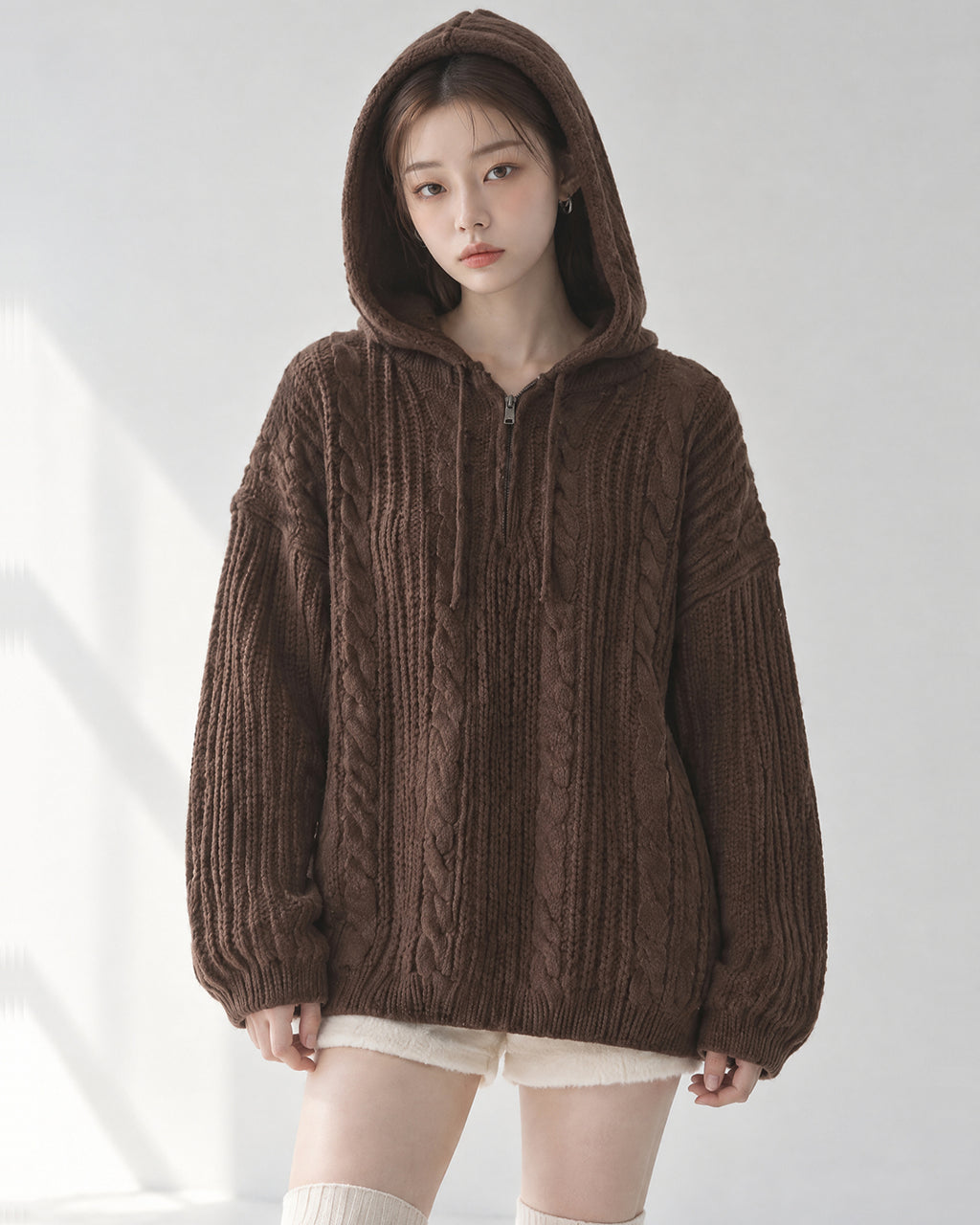 (UNISEX) Follow Half Zip Cable Knit Hoodie