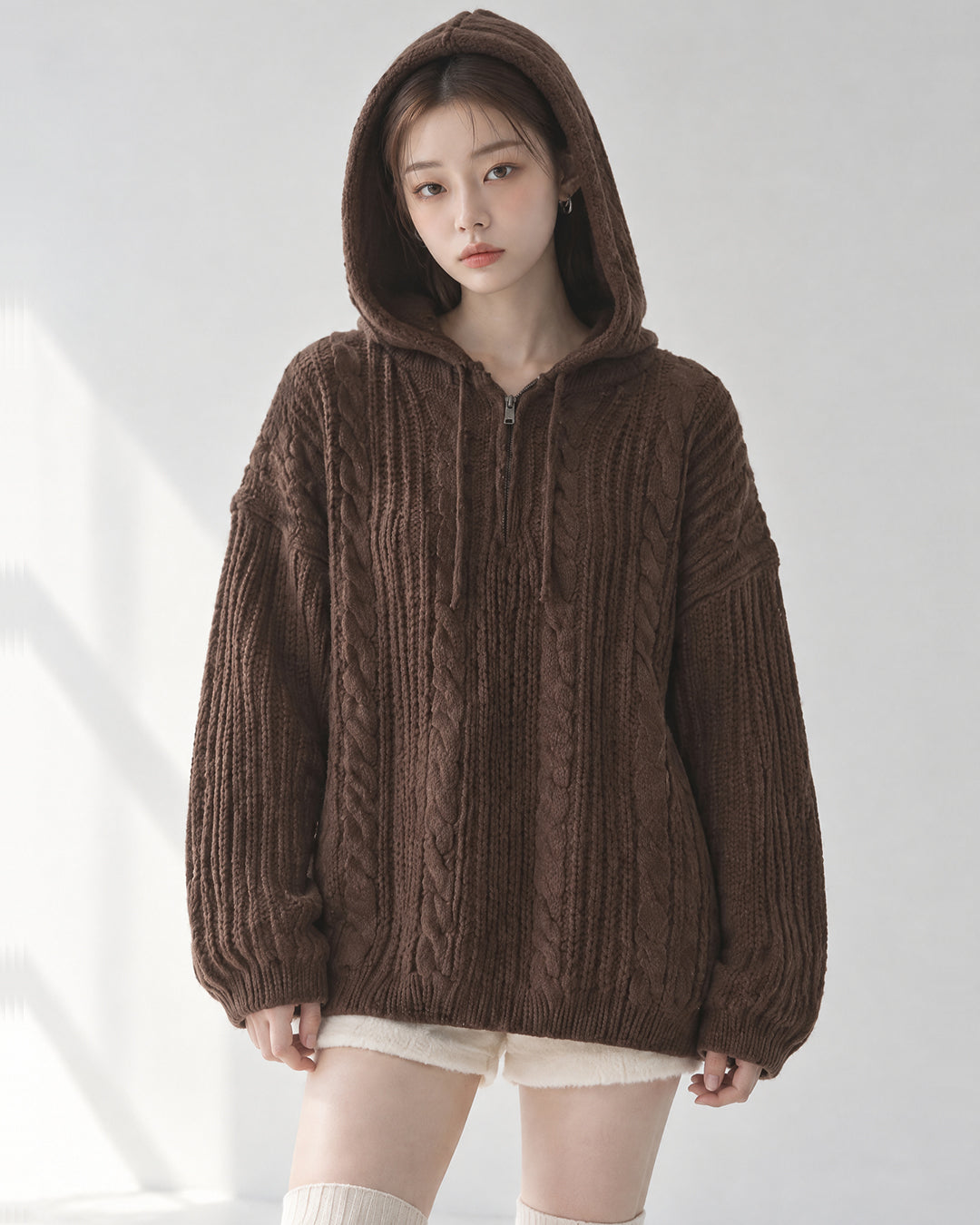 (UNISEX) Follow Half Zip Cable Knit Hoodie
