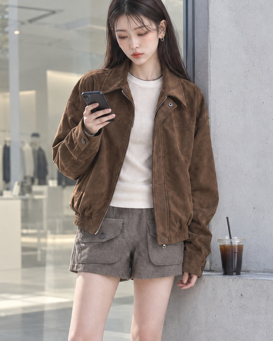 (UNISEX) Ar Paneled Suede Crop Jacket