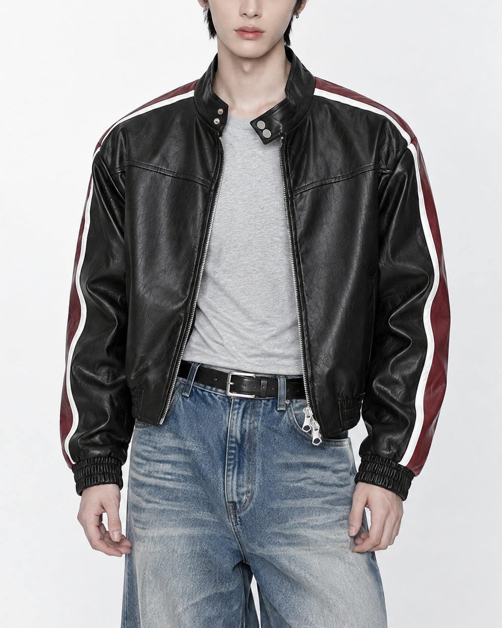 (UNISEX) Racing Contrast Cropped Faux Leather Jacket