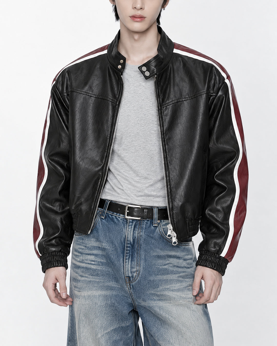 (UNISEX) Racing Contrast Cropped Faux Leather Jacket