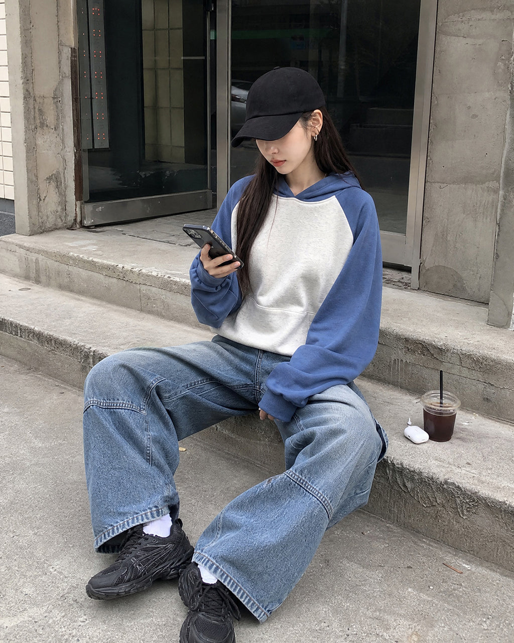 (UNISEX) Raglan Color Block Crop Hoodie