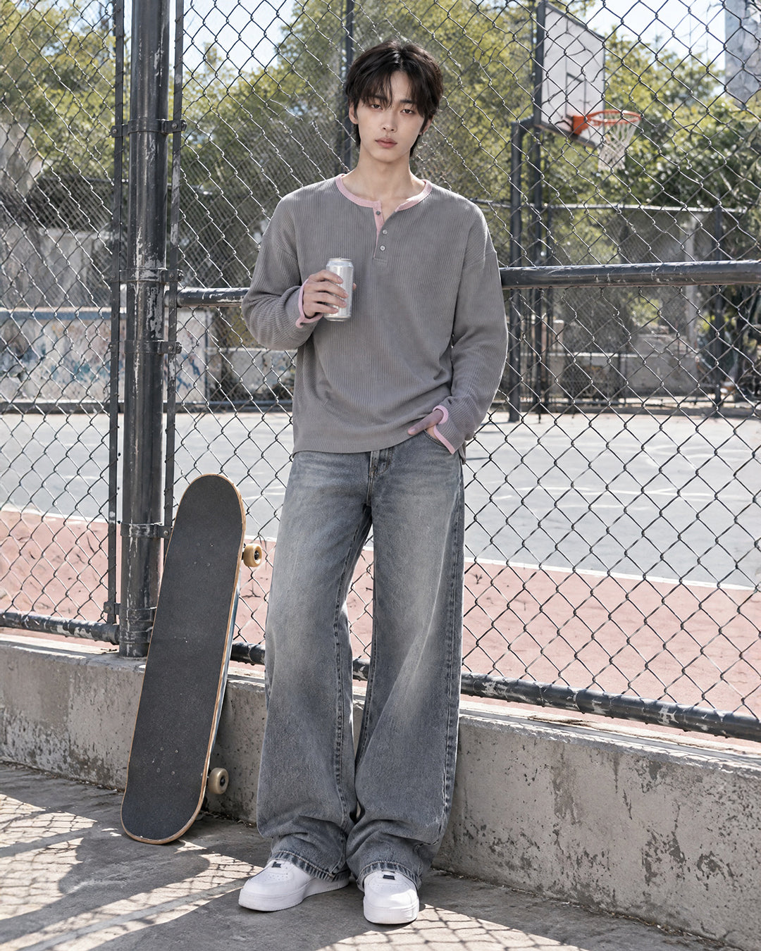(UNISEX) Henley Neck Waffle Warmer Tee