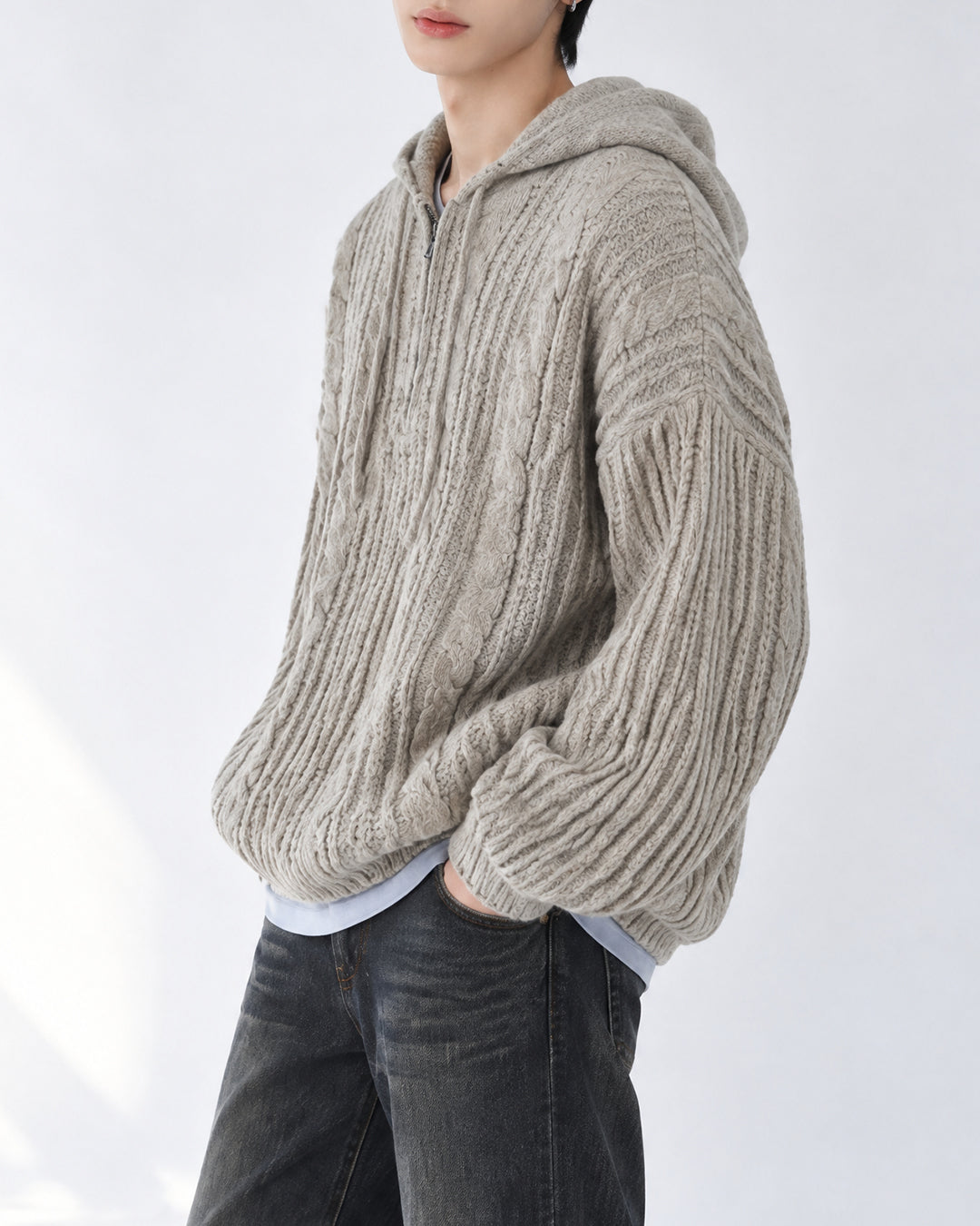 (UNISEX) Follow Half Zip Cable Knit Hoodie