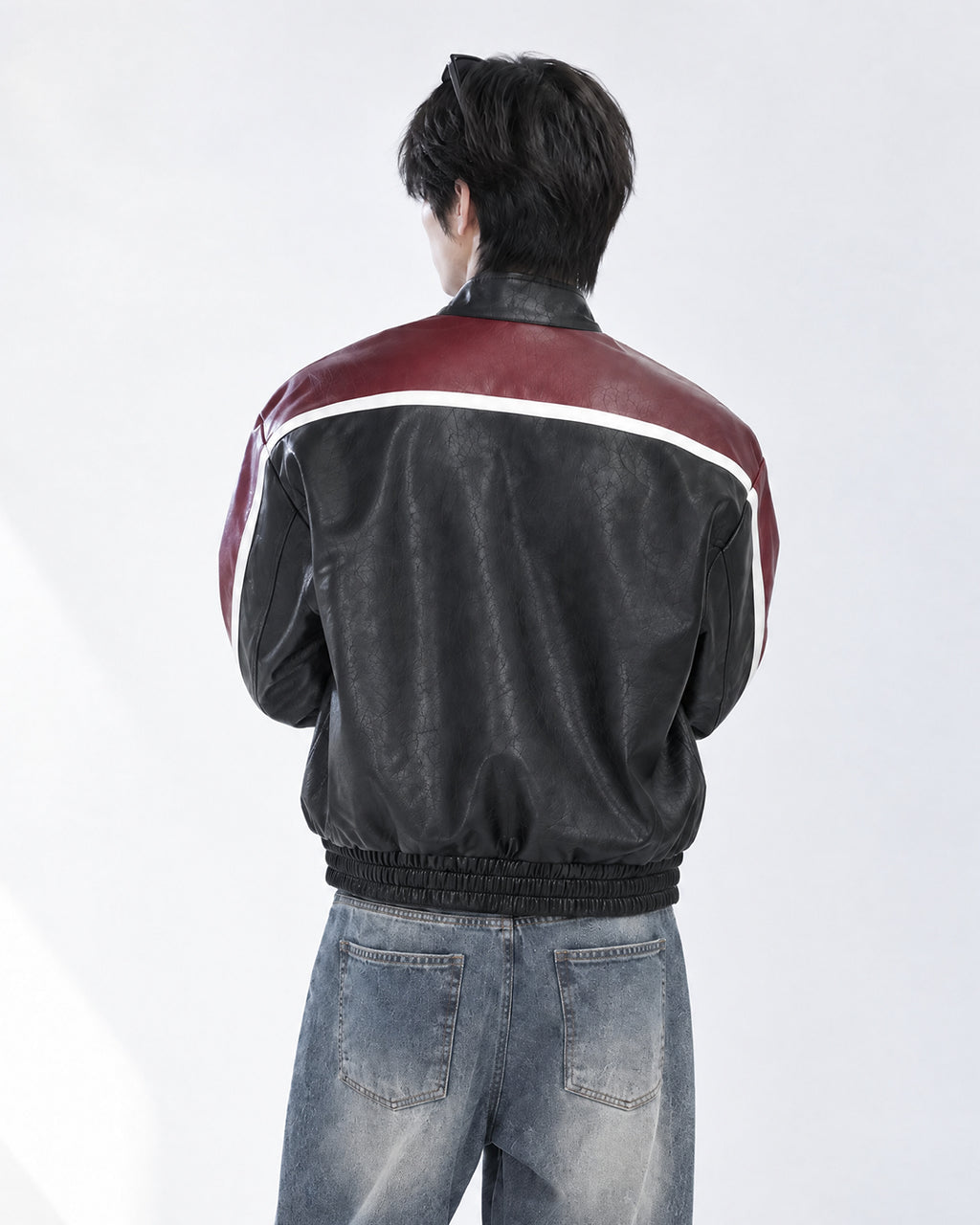 (UNISEX) Racing Contrast Cropped Faux Leather Jacket
