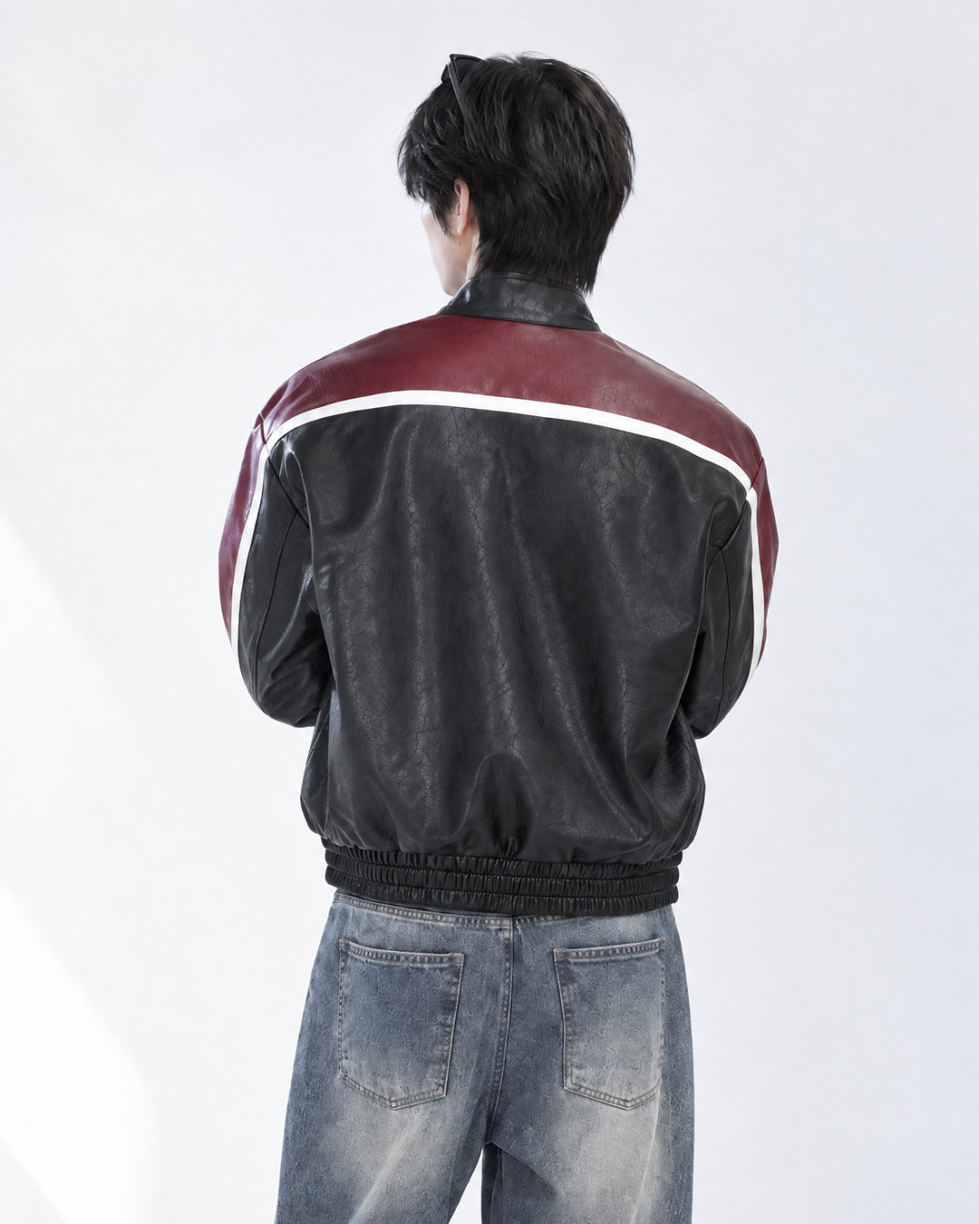 (UNISEX) Racing Contrast Cropped Faux Leather Jacket