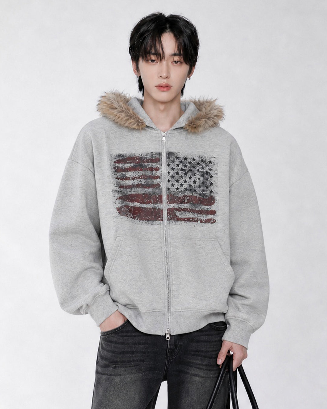 (UNISEX) USA Flag Fur Hood Zip-up