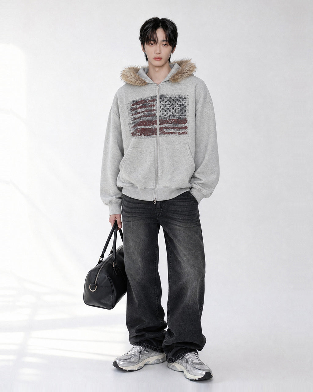(UNISEX) USA Flag Fur Hood Zip-up