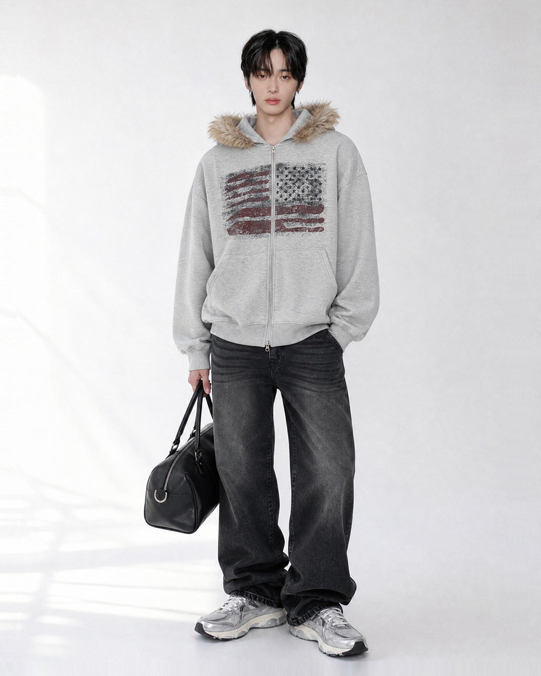 (UNISEX) USA Flag Fur Hood Zip-up