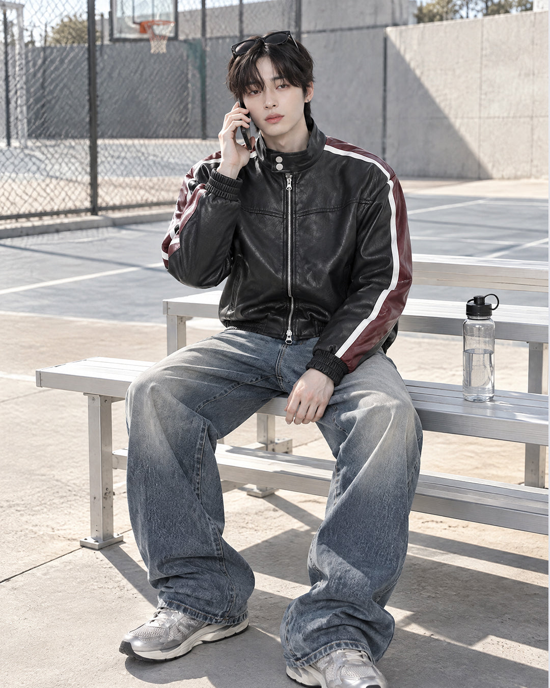(UNISEX) Racing Contrast Cropped Faux Leather Jacket