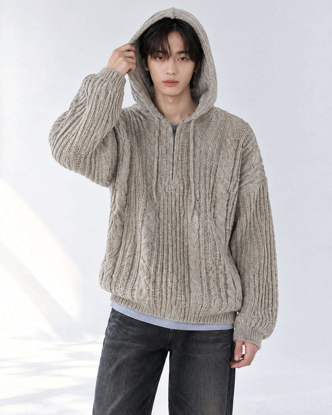 (UNISEX) Follow Half Zip Cable Knit Hoodie