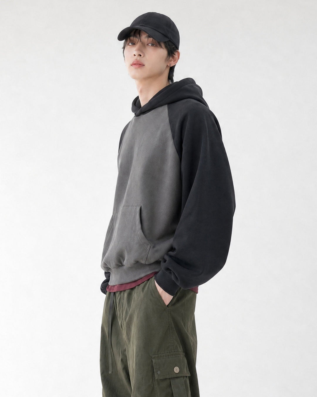 (UNISEX) Raglan Color Block Crop Hoodie