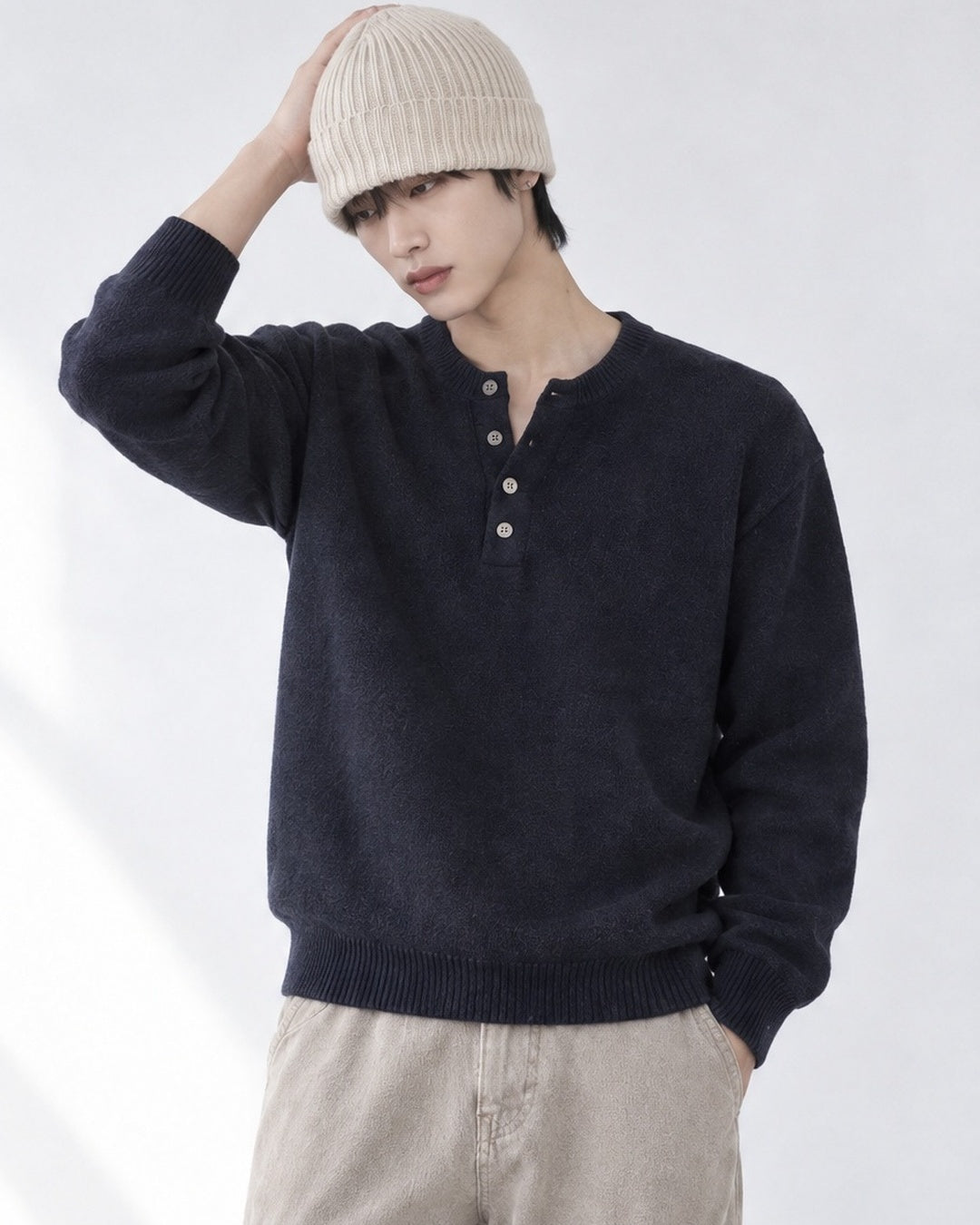 (UNISEX) Pone Henley Neck Wool Mix Knit
