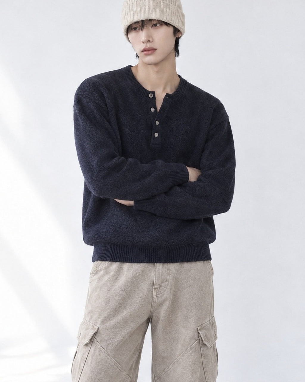 (UNISEX) Pone Henley Neck Wool Mix Knit