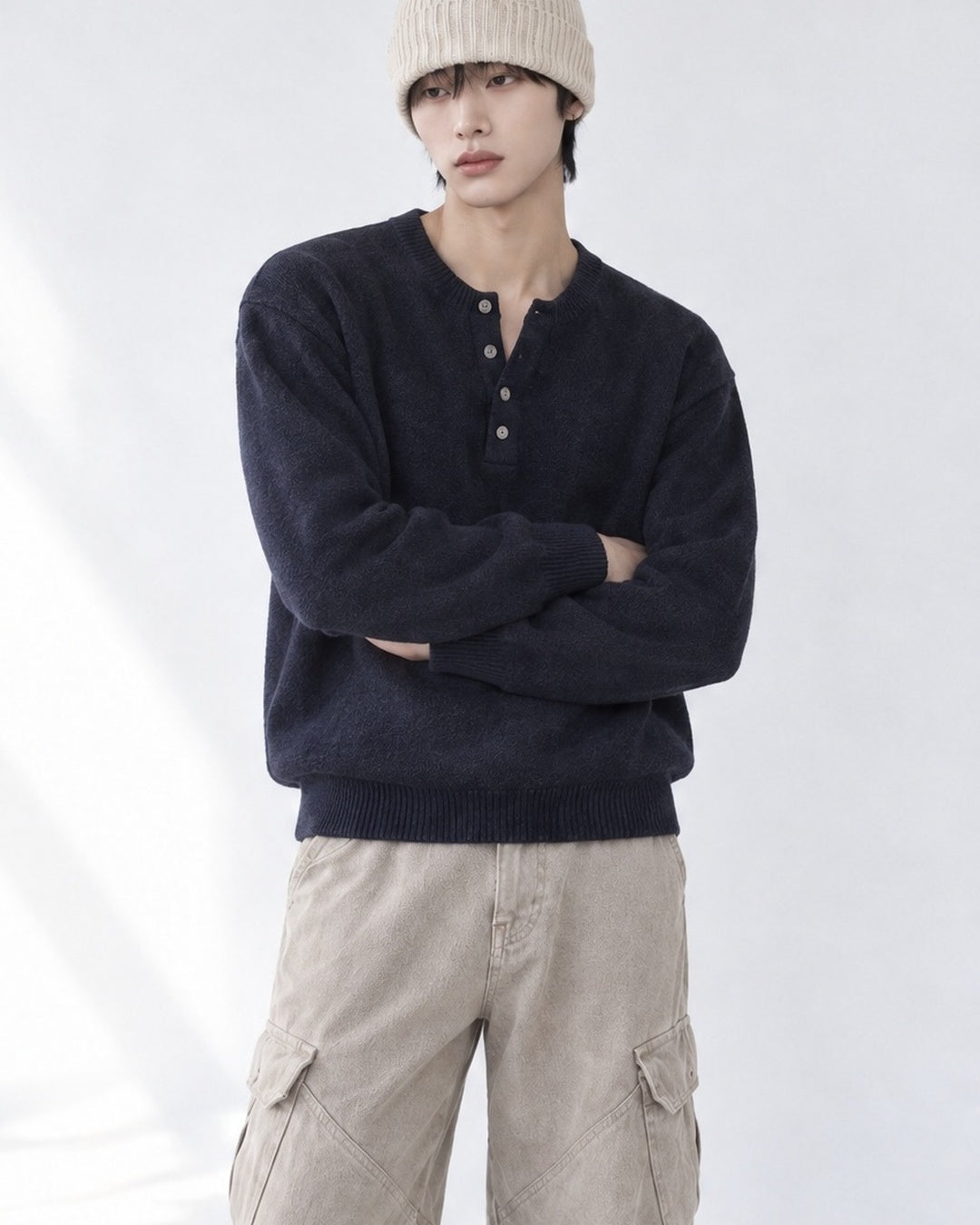 (UNISEX) Pone Henley Neck Wool Mix Knit
