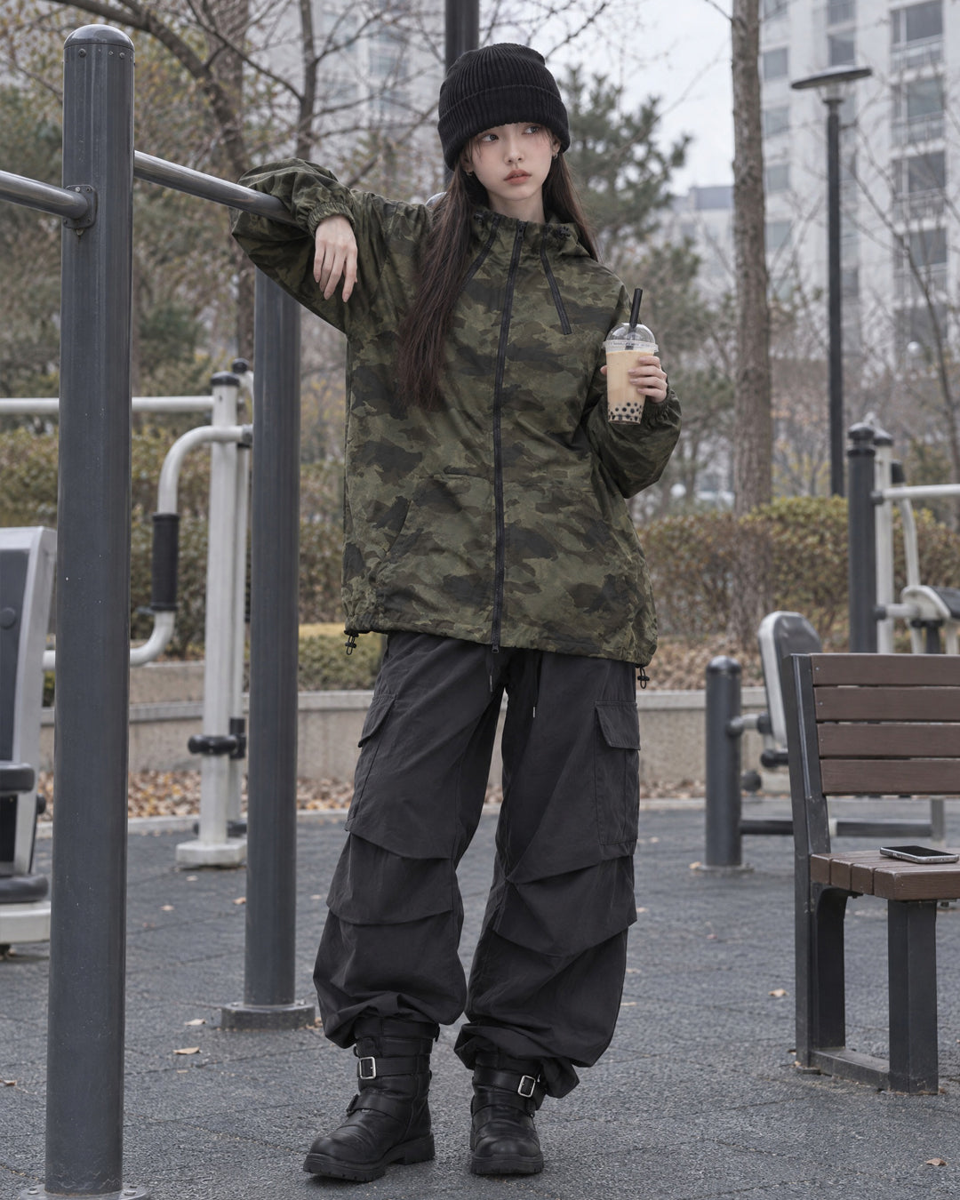 (UNISEX) Camo 3way Zip Hooded Jacket