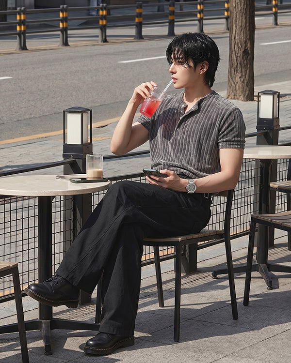 (M's) Ribbed Velour Henry-neck T-shirt