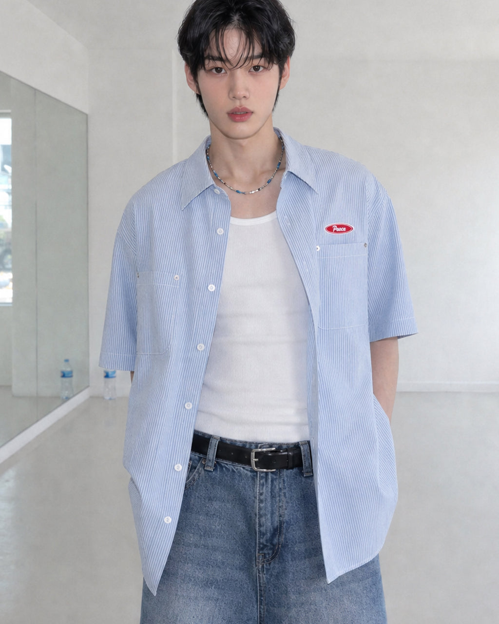 (UNISEX) Piece Stripe Over Denim Shirt