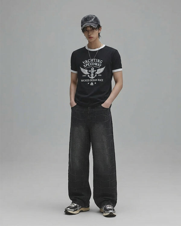 (UNISEX) Net Check Wide Denim