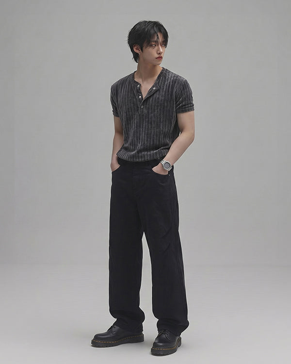 (M's) Ribbed Velour Henry-neck T-shirt