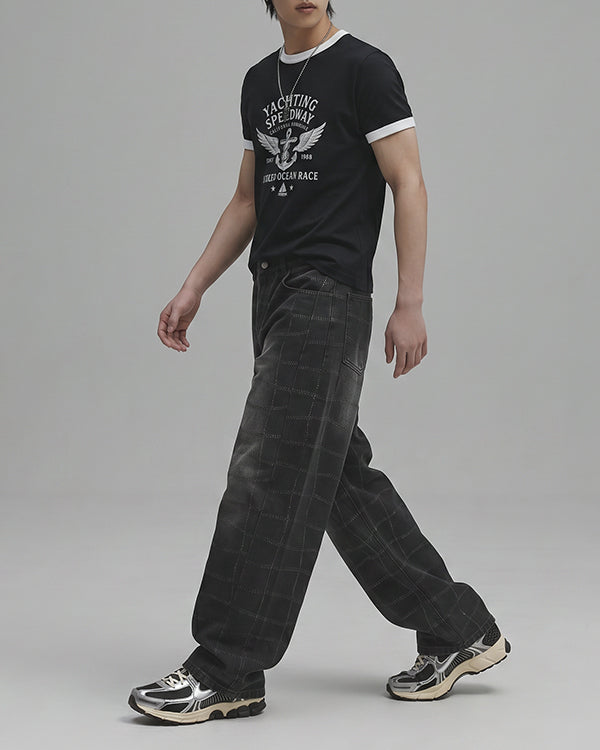 (UNISEX) Net Check Wide Denim