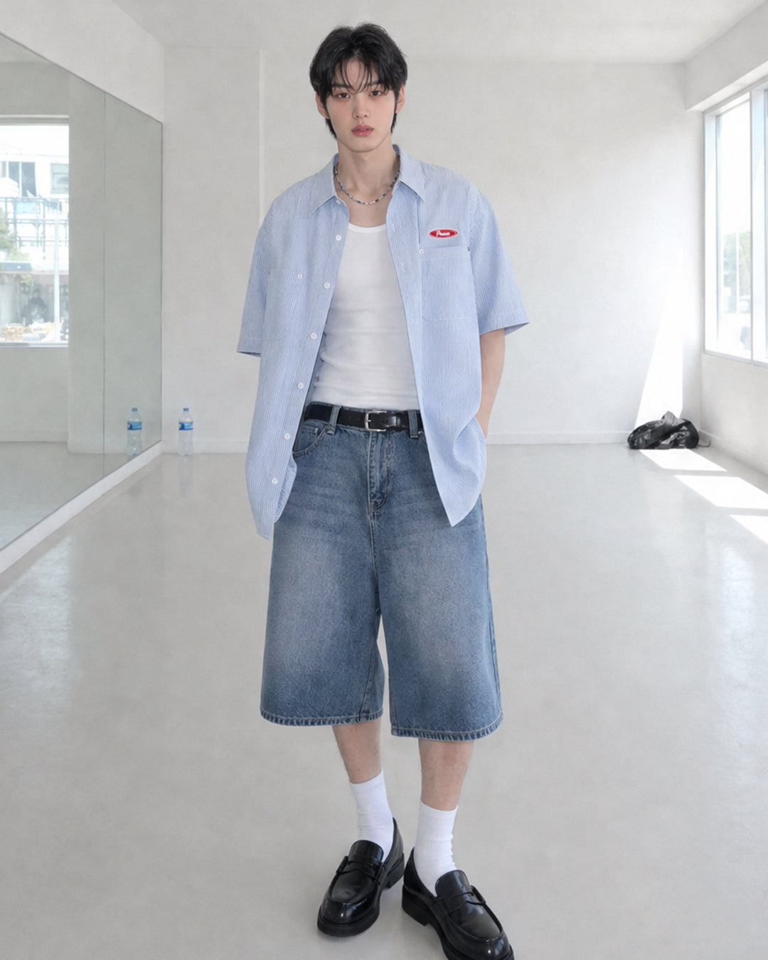 (UNISEX) Piece Stripe Over Denim Shirt