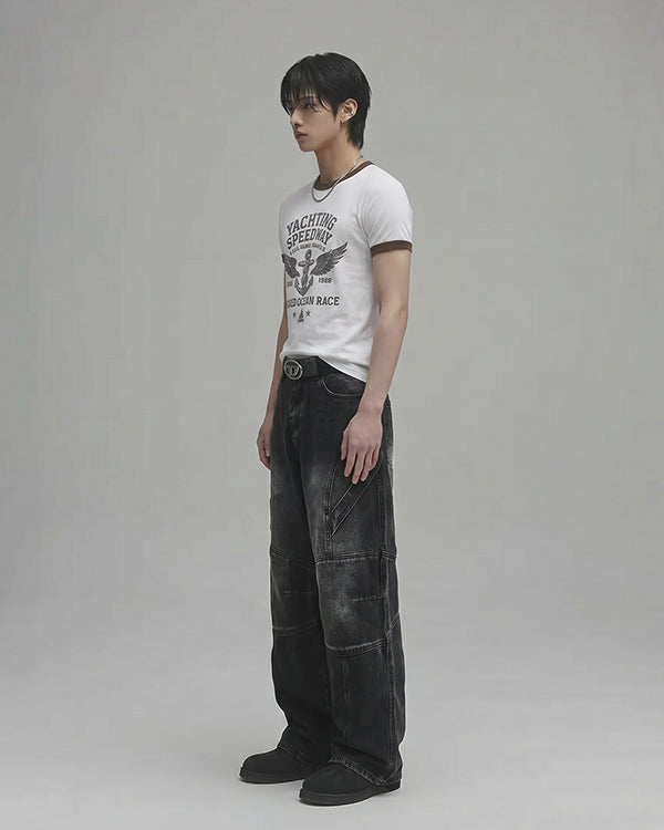 (UNISEX) Pannel Washed Black Denim