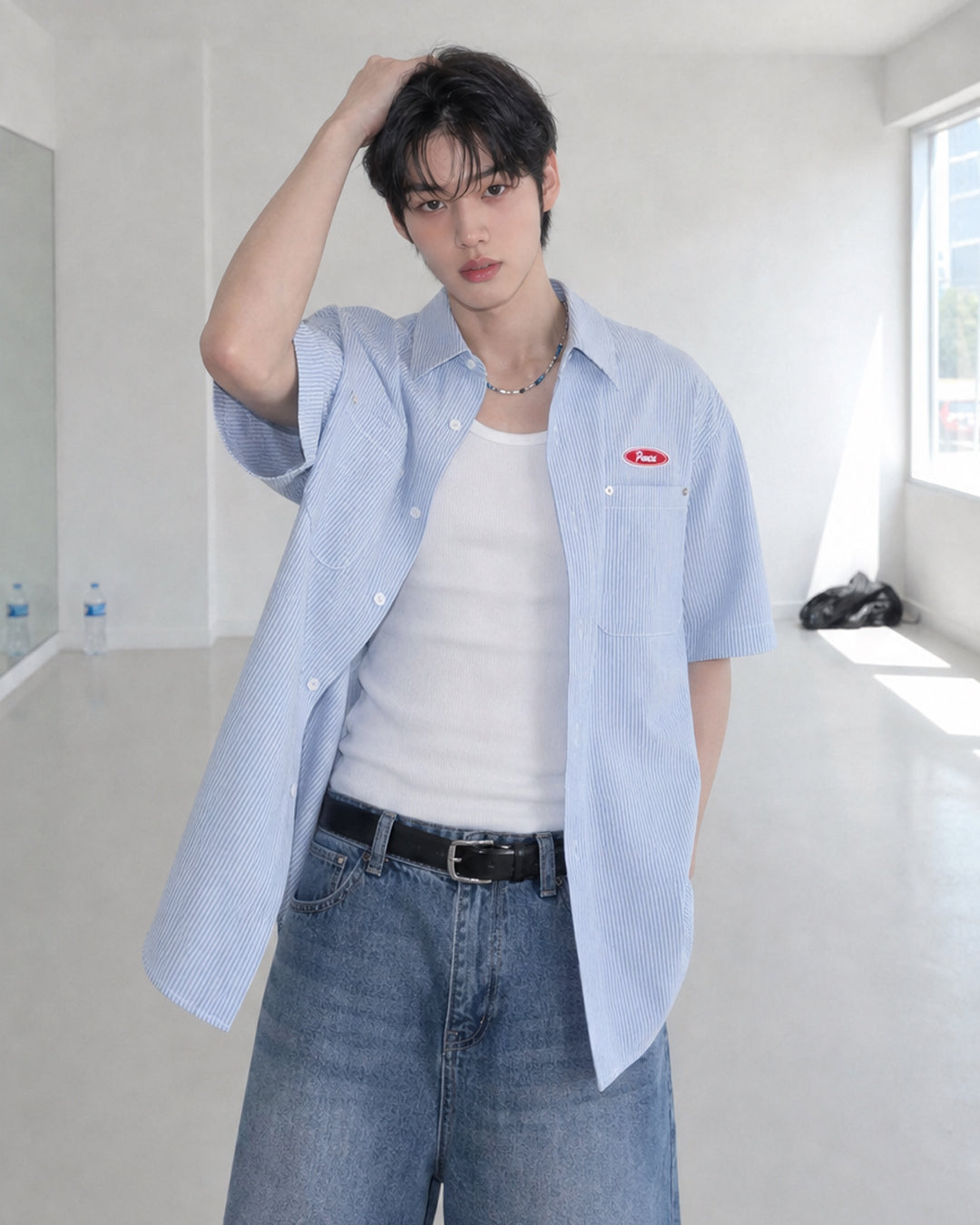 (UNISEX) Piece Stripe Over Denim Shirt