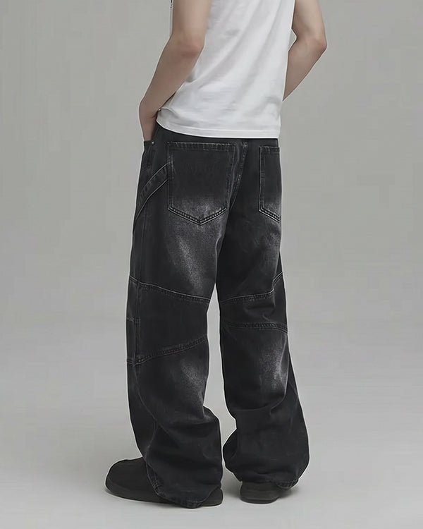 (UNISEX) Pannel Washed Black Denim