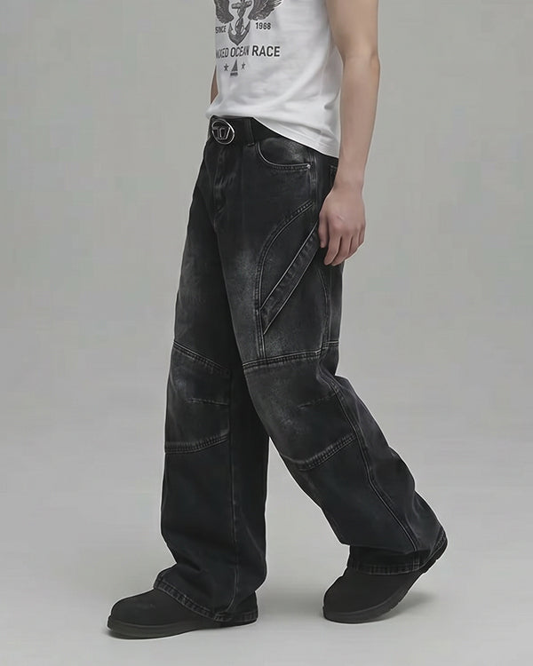 (UNISEX) Pannel Washed Black Denim