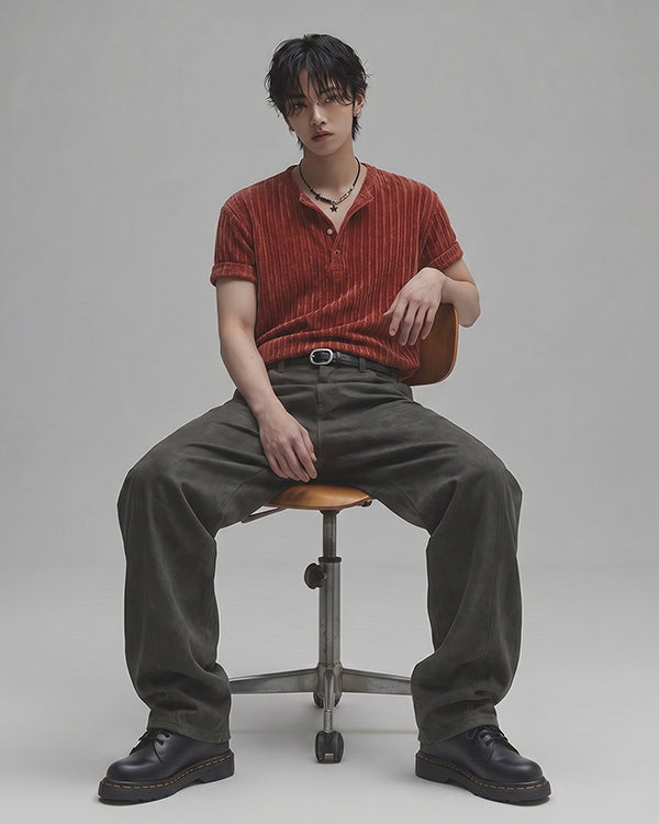 (M's) Ribbed Velour Henry-neck T-shirt
