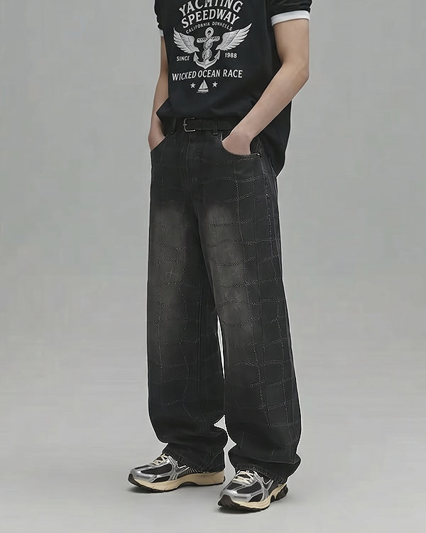 (UNISEX) Net Check Wide Denim