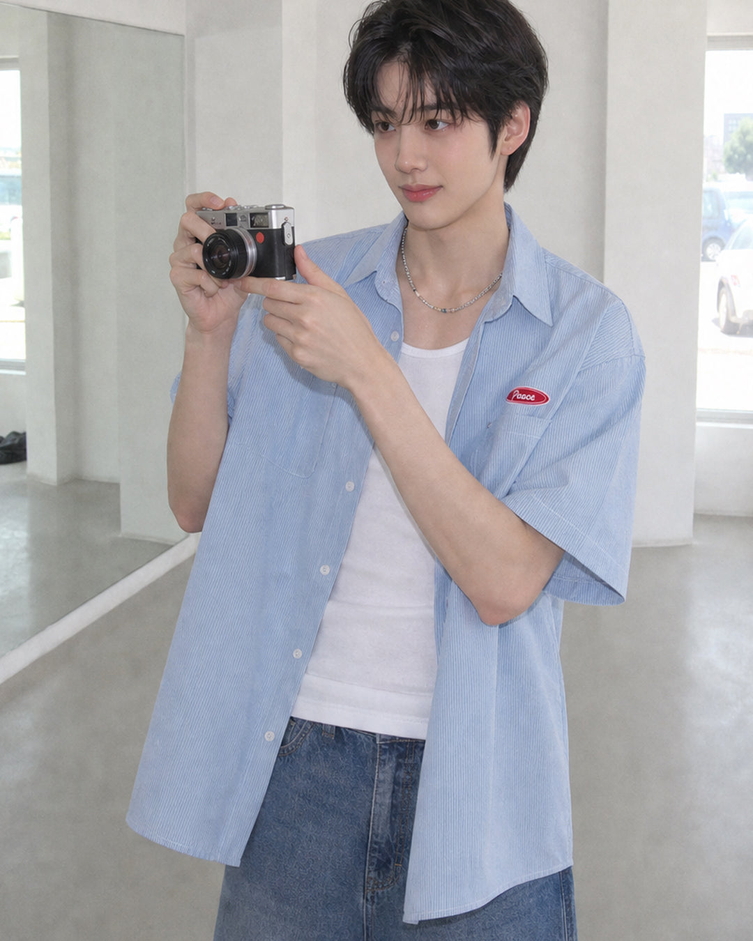 (UNISEX) Piece Stripe Over Denim Shirt