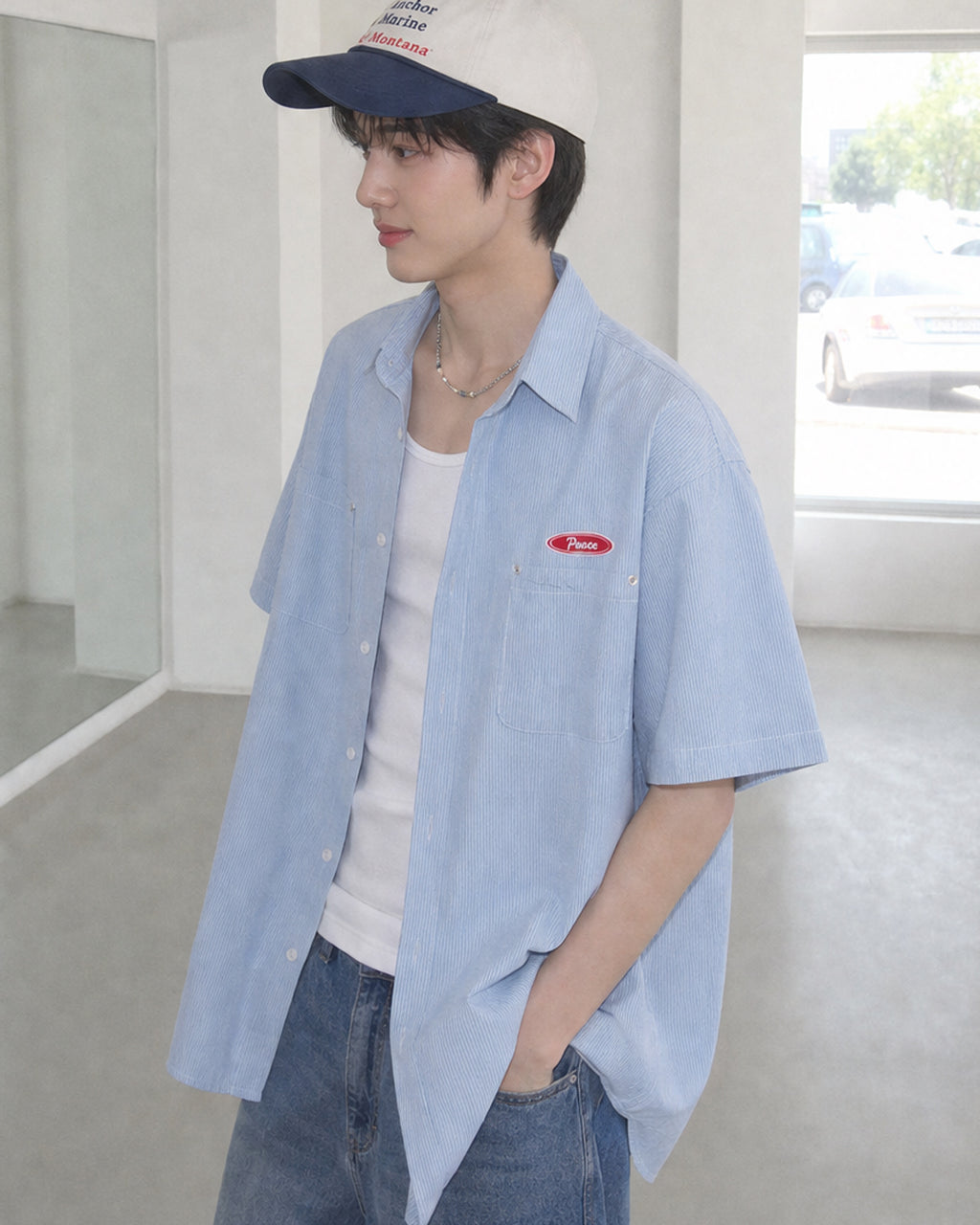 (UNISEX) Piece Stripe Over Denim Shirt
