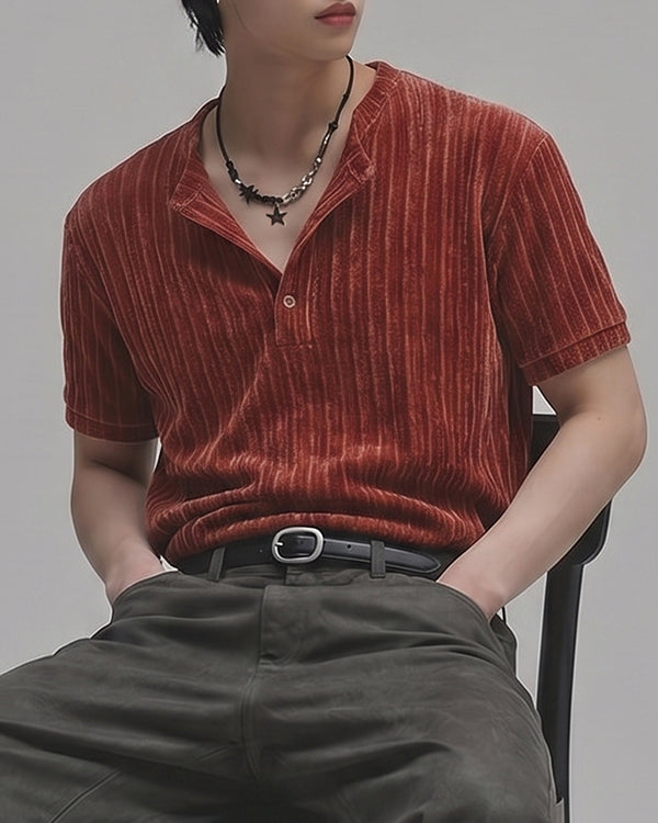 (M's) Ribbed Velour Henry-neck T-shirt