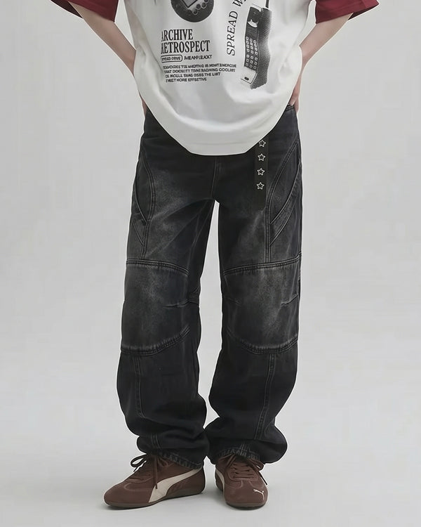 (UNISEX) Pannel Washed Black Denim