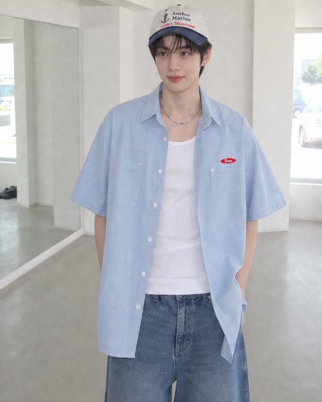 (UNISEX) Piece Stripe Over Denim Shirt