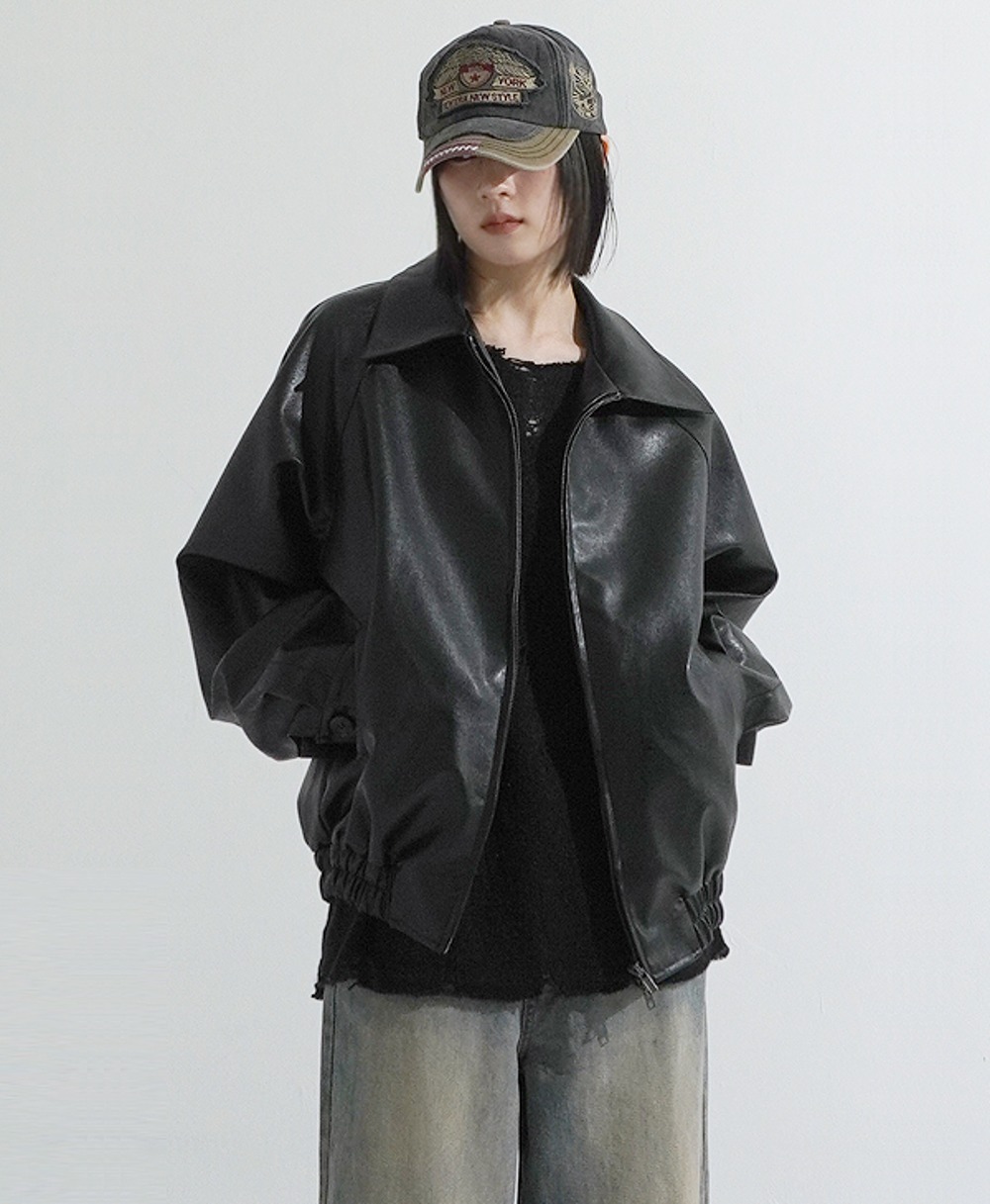 (UNISEX) Raglan 2way zip-up leather Jacket